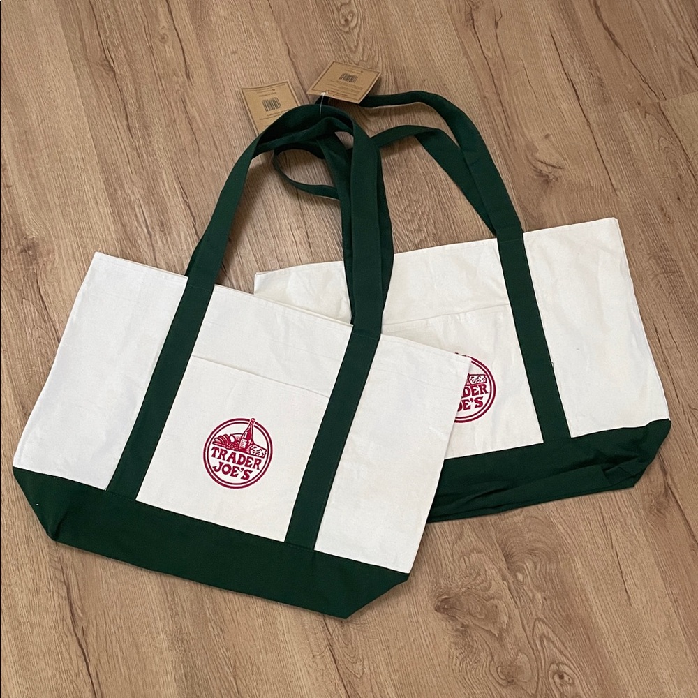 2 Trader Joe’s large Dark Forest Green and White Canvas Tote Bag NEW NWT